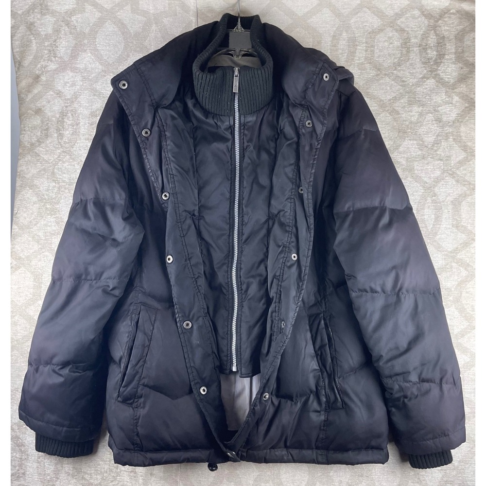 Nautica Puffer Jacket Mens Large Black Good Hooded Double Layer Bib Parka Coat - Picture 9 of 9